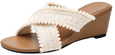 Sandales compensées Femme lanières croisées Bout Ouvert détail Texture tressée Boho Promenade Plage Voyage Vacances