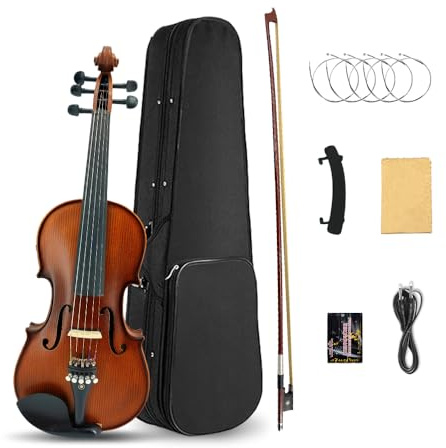 Yinfente Violino elettrico a 5 corde, in legno d'acero, con parte posteriore in abete rosso, accessori EQ con custodia rigida, archetto in legno brasiliano, colofonia, cavo AUX, panno per la pulizia