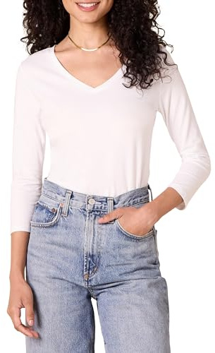 Amazon Essentials Camiseta de manga 3/4 con cuello en V para mujer (disponible en tallas grandes), color blanco, talla L