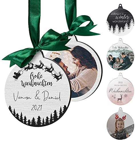 Personalisierte Holzanhänger Weihnachten - Weihnachtsanhänger mit Foto Namen Text personalisiert - Christbaumschmuck Holz - individuelle Weihnachtskugel als Tannenbaum Deko