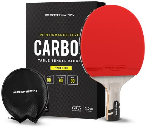 PRO-SPIN Table Tennis Bat with Carbon Fibre | Penhold Grip | Elite Series 7-Ply Blade, Premium Rubber, 2.0mm Sponge & Rubber Protector Case
