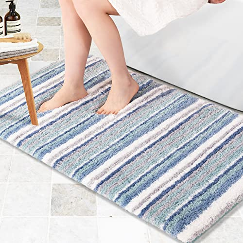Carvapet rutschfest Badematte Badezimmerteppich Wasserabsorbierend Badvorleger für Badezimmer Weiche Plüsch Gestreifte Mikrofaser Badteppich Duschvorleger(Blau,61x120cm)