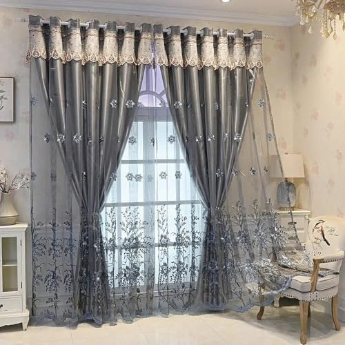 Amidoudou 1 Pair European Double Layer Curtains for Living Room Bedroom Luxury Flower Embroidered Blackout Curtains with Valance (Grey,66 x 84 Inch)
