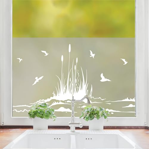 Wandtattoo Loft Sichtschutzfolie Fenster mit Schilf am Ufer Motiv, Maritime Fensterfolie Blickdicht, Milchglasfolie Vögeln, Maritime Fensterdeko Folie, Fenster Dekoration Maritim, Fenster Klebefolie