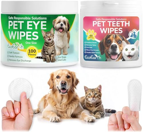 100 toallitas premium para ojos y 50 toallitas limpiadoras de dientes para perros y gatos - Almohadillas para limpiar ojos y cuidado dental para mascotas