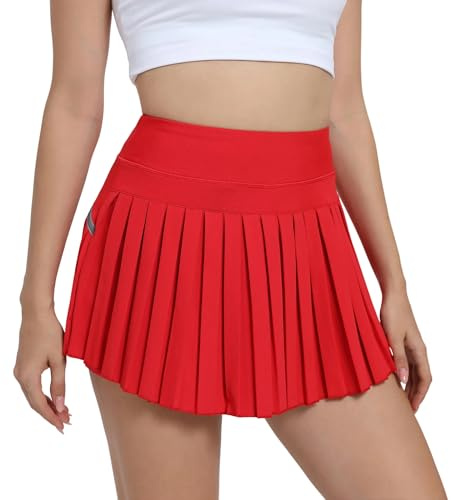 Jhsnjnr Jupe de tennis plissée pour femme avec short taille haute pour course à pied, sport, mini golf, vêtements de sport, Rouge, S