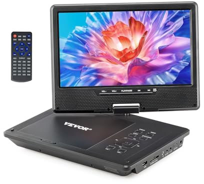 VEVOR Lecteur DVD Portable, écran HD pivotant de 228 mm, avec Chargeur de Voiture, Batterie Rechargeable intégrée de 4 Heures, Deux Haut-parleurs, synchronisation TV/USB/Carte SD/CD/DVD, pour Voiture