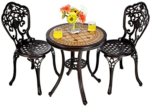 COSTWAY 3 Pieces Patio Bistro Set, All-Weather Cast Aluminum Table and Chairs with Adjustable Foot Pads, Garden Furniture Set Outdoor Dining Set for Porch Poolside Backyard, Red Copper