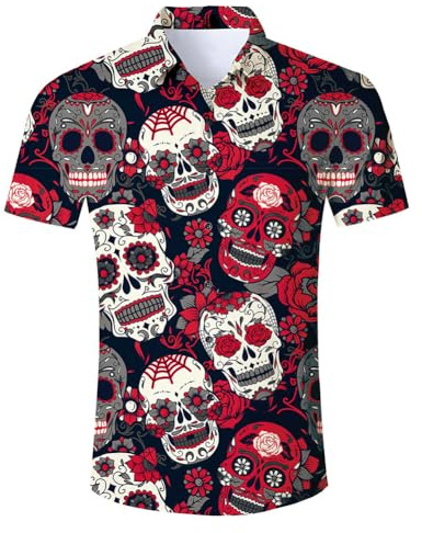 Goodstoworld Mens Red Shirt Funny Stag Hawaii Graphic Festival Bad Taste Funky 3D Print Shirts Skeleton Skull Ugly Casual Crazy Rave Party Summer, XL