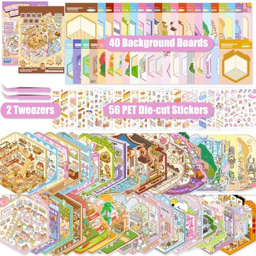 40 Sets DIY 3D House Sticker Scene Kit, Sticker Therapy, Stress Relief Sticker Creative Scene Sticker Book with 56 PET Stickers, 40 Miniature Cabins, 2 Tweezers, Gift for Adults Kids Girls Boys Teens