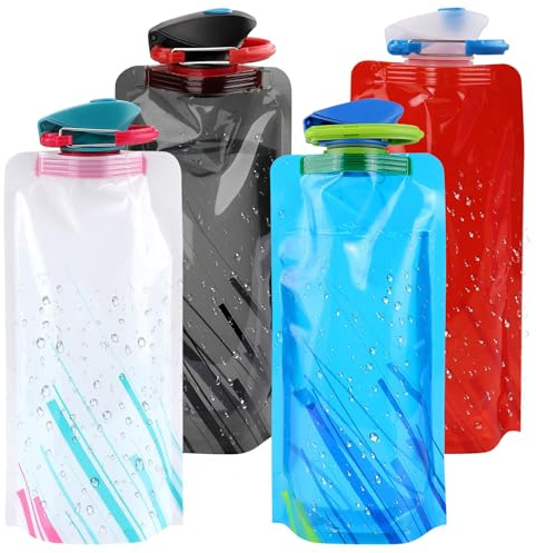 WEDAMOO Borraccia pieghevole, 4 pezzi, 600 ml, riutilizzabile, pieghevole, con clip, per escursioni, avventure, viaggi
