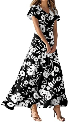 Ladies Short Puff Sleeve V Neck Floral Boho Dresses Flared Flowy Chiffon Maxi Dress Summer Beach Holiday Sundress for Women
