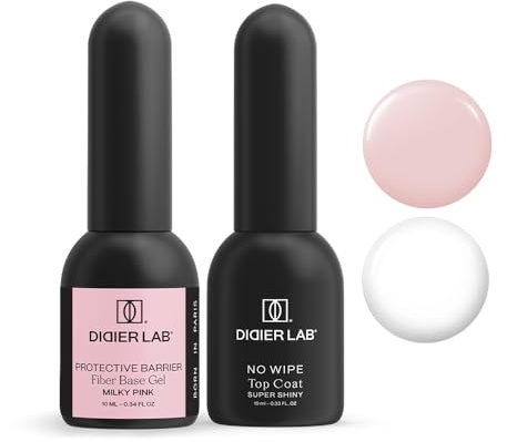 DIDIER LAB - Base Coat Top Coat UV - Fiberglas Gel Base Milky Pink mit Vitaminen - No Wipe Top Coat Gel UV Super Shiny - LED UV Nagellack Set - HEMA und TPO-frei - Shellac Set - Stärkt Schwache Nägel