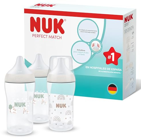 NUK Perfect Match Babyflaschen | 3+ Monate | 260 ml | Anti-Kolik-Trinkflasche | PP | Temperature Control Anzeige | Regenbogen/Schaf | 3 Stück