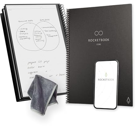 Rocketbook Core - Taccuino a spirale riutilizzabile, formato 21 cm x 29,7 cm, nero - pagine a pois, connettività app, cancellabile, copertina robusta, ideale per scuola, lavoro e progetti creativi