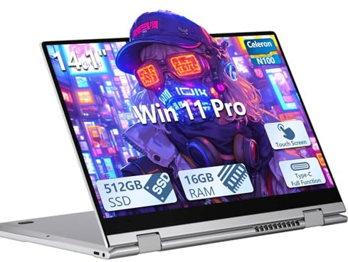Ordinateur Portable 2 en 1,16Go DDR4 512Go SSD, Celeron N100, Rotation 360° écran Tactile 14,1 Pouces, Win 11 PC Portable Clavier Rétroéclairé, Empreinte Digitale,Webcam,Type-C, USB 3.0,Métal Laptop
