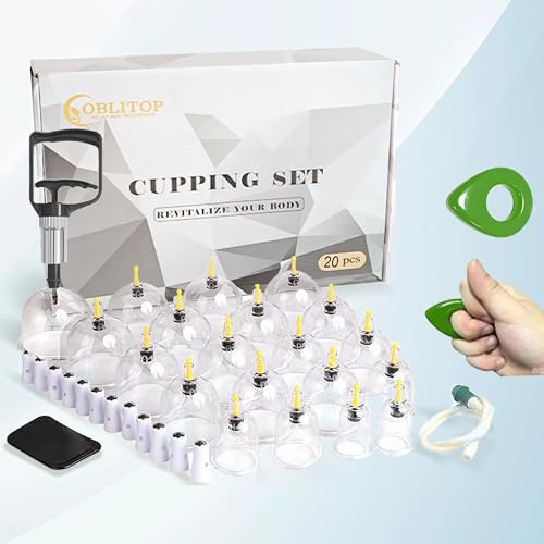OBLITOP Coppette con pompa a vuoto, set da 20 pezzi, misura V2.0 per uomo e donna, tazze sottovuoto per muscoli del corpo, mal di schiena, massaggio, cellulite, ventosa, set di coppette