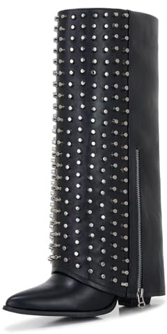 Aizhenzm Studded Knee-High Shark Boots for Women – Rivet Punk Rock Leather Boots, Pointed Toe, Wedge Heel Size 9