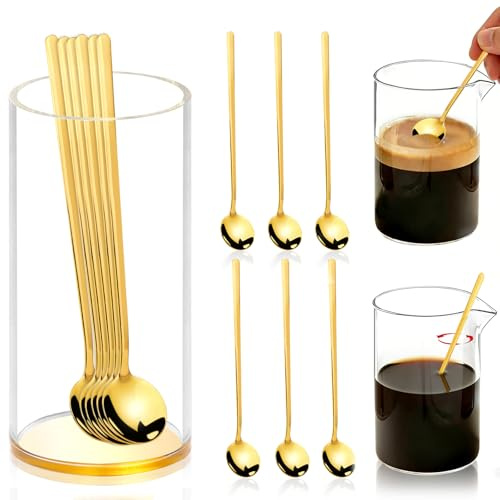 6 Pcs 6.7 Inches Coffee Spoons with Gold Base Holder Tea Spoons Long Handle Espresso Spoons Gold Coffee Stir Spoons Set Ice Tea Spoons Bulk Dessert Spoons Stainless Steel for Coffee Bar Tea party