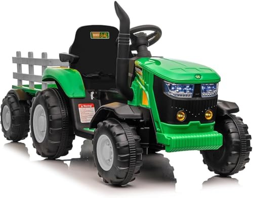 Euker Tractor eléctrico de 12 V para niños con Remolque, Coche Control Remoto, Luces LED y música, 2 Modos conducción, Remolque Desmontable, 3 años en adelante (Verde)