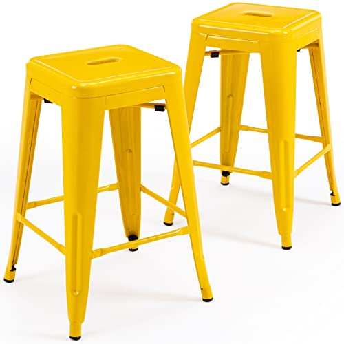 24 Inch Metal Bar Stools Set of 2, Stackable for Indoor Outdoor, Yellow