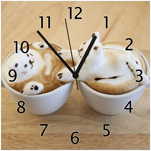 Wallario Design-Wanduhr Süße Milchschaum Katzen auf Kaffee aus Glas, Motiv-Uhr Größe 30 x 30 cm, Schwarze Zeiger