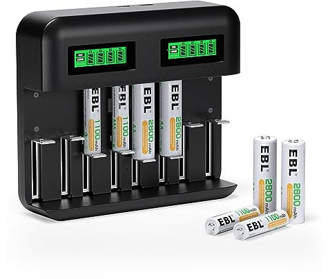 EBL LCD Cargador de Pilas con 4 x AA y 4 x AAA, Cargador de batería para AA/AAA/C/D Ni-MH, Universal Carga Rápida con Tipo C/Micro USB, 8 Ranuras Independientes (C9008)