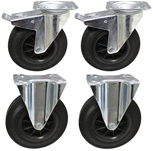 ADB Rollensatz 2 Lenkrollen 2 Bockrollen 200mm, Stahlblech, Verzinkt, Gummierte Räder, 205kg Tragfähigkeit pro Rad