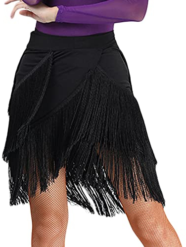 FEOYA Damen Tanzröcke Ballsaal Latein Tanzkleid Quastenrock Hawaiian Hula Gras Kostüm Mini Rave Fransenrock für Latin Tango Salsa Cha Cha Flamenco Moderner Walzer Schwarz Einheitsgröße