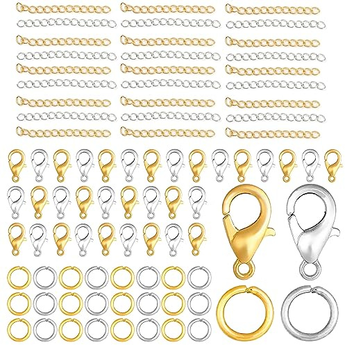 500 Piezas Pulseras Mosquetón Anillo de Cierre con Kit, 200 Cierres de Garra de Langosta 200 Anillas Abiertas para Bisutería 100 Cadena para Hacer Cierres para Llaveros Pulseras Collares(oro, plata)