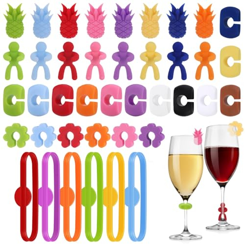 QHFlashbuy Segnabicchiere 40 Pezzi Marcatori per Bicchieri da Vino,Riutilizzabili Segna Bicchieri Colorati in Silicone per Bicchiere da Bere Cocktail (5 Forme)
