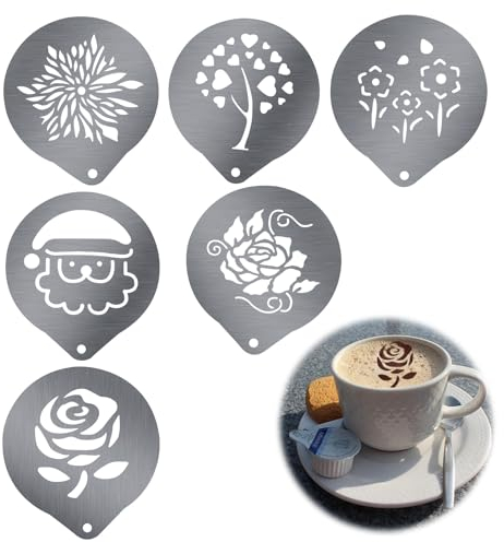 Kaffee Schablonen für Edelstahl, SRJQXH 6 Stück Cappuccino Schablonen für Kakaopulver, Kaffee Zubehör, Exquisites Muster, Glatt und Schön, Geeignet für Kaffee, Kuchen und Backwaren