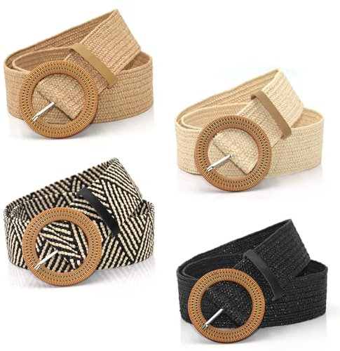 HMIEPRS 4 Stück Stroh Gewebter Gürtel mit Schnalle, Geflochten Strohgürtel Elastisch Taillengürtel, Damen Geflochtener Boho Vintage Flechtgürtel, Stretch Böhmischer Taille Gürtel (Runde)