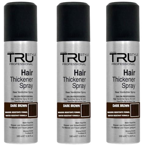 Tru Haarverdichter Spray Dunkelbraun - 3x100 ml Haarauffüller, kaschiert Haarausfall und lichtes Haar, wasserfest, Sofort-Effekt Haarverdichtung