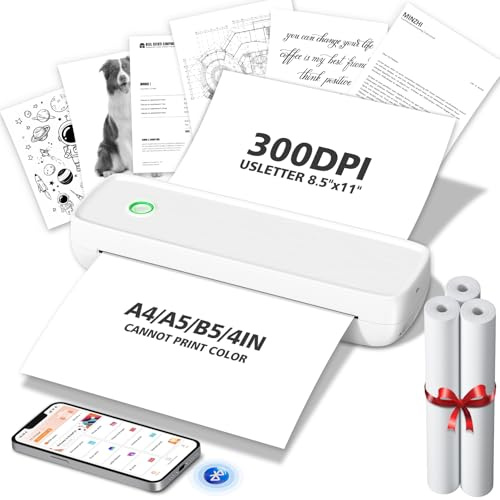 MinZhi Inkless Portable Printer for Travel, Wireless Printer Supports 8.5 x 11 Inch Thermal Paper, Bluetooth Machine Includes 3 Rolls of Thermal Paper Set