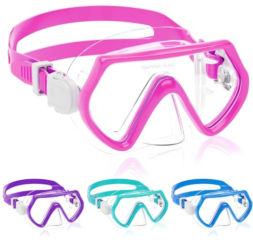Taucherbrille Kinder,Schwimmbrille mit Nasenschutz für Jungen Mädchen,180° Schnorchelmaske mit Ohrstöpsel,Anti-Leck Tauchmaske Kinder für 4-12 Jahre - Rosa
