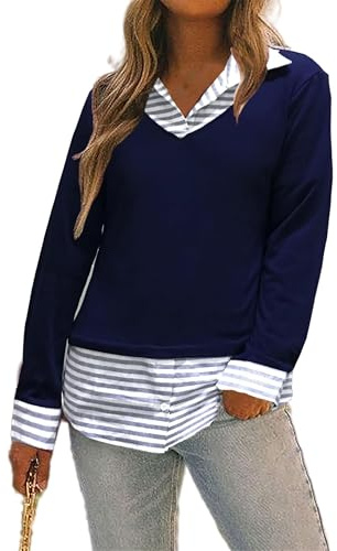 Oyamiki T-shirt à manches longues pour femme - En coton - Avec col de chemise - Tricot - Col en V - Décontracté et élégant - Pour l'automne et l'hiver