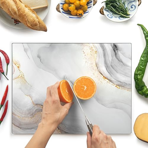 Kitchenville Glass Chopping Board 40x30cm : Tempered Glass Worktop Savers for Kitchens, Durable, Scratch-Resistant, Heat-Proof - White & Gold
