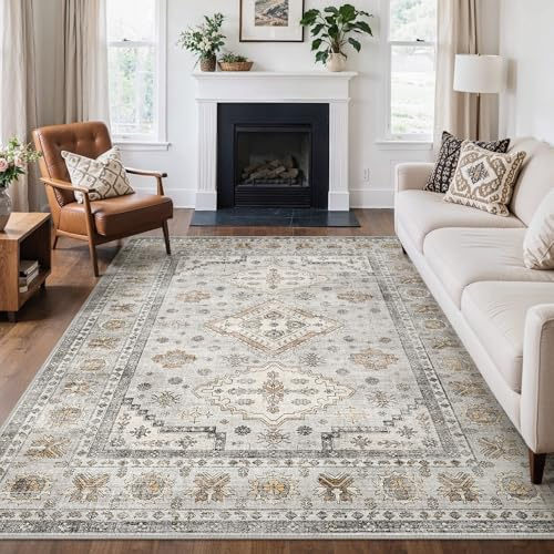GENIMO Tapis Salon Vintage Style Persan, Moquette Lavable en Machine avec Dessous Antidérapant, Tapis Décoratif pour Chambre, Cuisine, Entrée et Maison, Beige,140x200CM