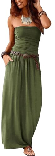 nicticsi Robe Bustier Longue pour Femme Décontractée Robe de Plage Bohème Épaules Dénudées sans Manches Elégant Bodycon-Robe avec Poche Jupe Respirante d'Été Pas de Ceinture