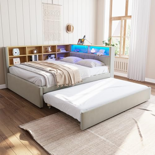 Huayz Sofá cama 140 x 200 cm, cama nido 90 x 190 cm, cama multifunción con luces LED, enchufes y muchos compartimentos, cama tapizada, cama individual, tela de franela