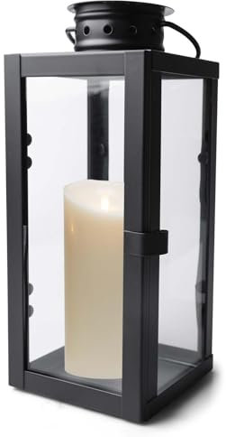 Laternen für Draußen, 24cm Metall Laterne Outdoor, Gartenlaterne mit Glas-Scheiben und Henkel, Grablaterne Friedhof Wetterfest, Laterne Für Heimdekoration Wohnzimmer Partys Tischplatte(Schwarz)