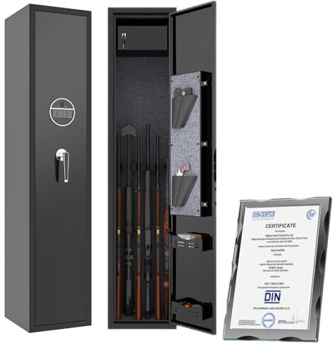 BTYJLEBE Waffenschrank 5 Langwaffenschrank 【DIN EN 1090-1 Norm】Stahlblech Waffenschränke Separat Versperrbares Munitionsschrank Waffenhalter mit Tastenschloss ＆ Befestigungsmaterial 138x30x30cm