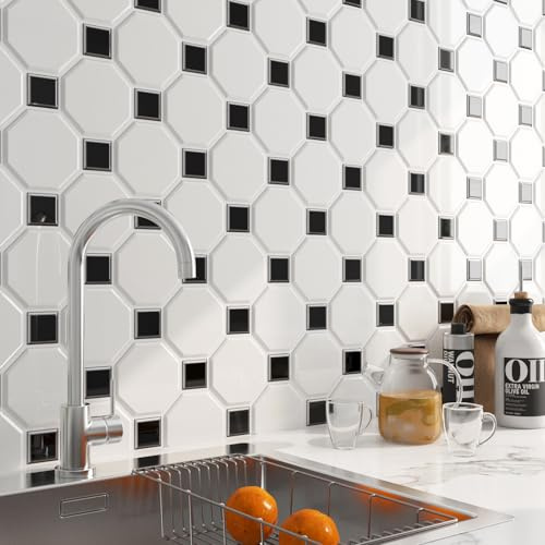 FunStick 30CMx30CM 30 Baldosas Adhesivas Pared Cocina Blanco Hexágono Azulejos Adhesivos Baño Losetas Vinilicas Pared 3D Negro Cuadrado Vinilos Autoadhesivos Azulejos Cocina Revestimiento de Paredes