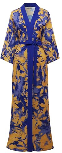 BABEYOND Accappatoio kimono da donna, lungo, in chiffon, leggero, in raso, a maniche lunghe, vestibilità comoda, Blu, Taglia unica