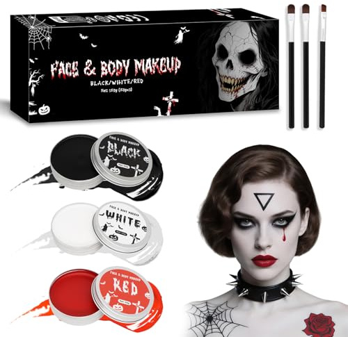 150g Halloween Schminke Schwarz Weiß Rot, Halloween Make Up Set, Kinderschminke Fasching, Bodypainting Farben, Body Face Paint für Kinder Erwachsene, Clown, Theaterschminke, Faschingsschminke