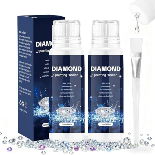 Colla Diamond Painting, 2 x 120ml Diamond Painting Sealer con Pennello, con Testa di Spugna, Asciugatura Rapida e Antipolvere,Trasparente dopo l'essiccazione,Sigillatura Della Pittura a Diamante