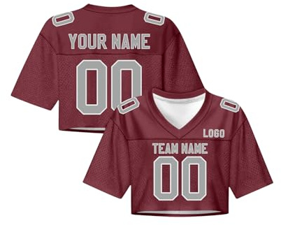 Generisch American Football Trikot Damen personalisiert Name Nummer, Rugby Trikot Bauchfreies Oberteil Kurzarm Cheerleader Outfit, Y2K Crop Top V-Ausschnitt Streetwear Mädchen