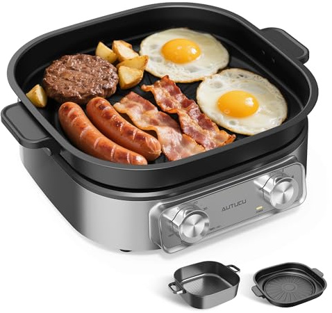 6-Quart Electric Skillet with Grill | Non-Stick PFOA-Free Ceramic-Coated Pot, 1600W, Timer & 3 Power Settings for Steak, Egg, Ramen (Includes Tongs) Pot & Grill