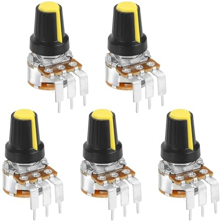 sourcing map 5Pcs 100K Ohm Rotary Potentiometer Volume Control Pots for Guitar, WH148 3 Pin Single Turn Linear Taper Variable Resistor Potentiometers for Inverter Speed Regulation, Black Yellow